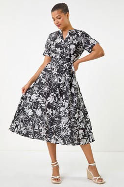 Roman Black Floral Tie Waist Shirt Dress