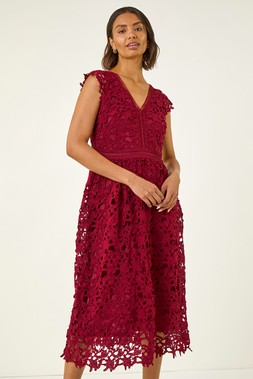 Roman Burgundy Premium Crochet Lace Midi Dress