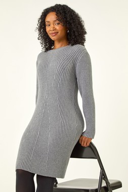Roman Petite Grey Ribbed Knitted Dress