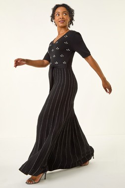 Roman Petite Black Hotfix Knitted Midi Dress