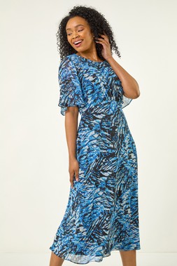 Roman Petite Navy Abstract Print Gathered Midi Dress