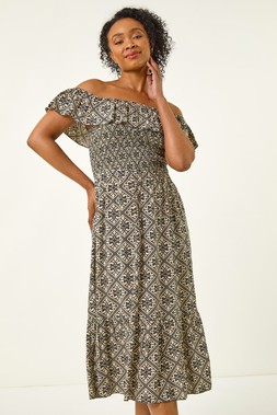 Roman Petite Geo Print Bardot Midi Dress