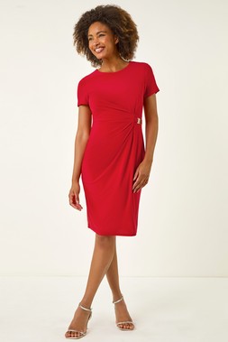 Roman Red Buckle Detail Stretch Midi Dress