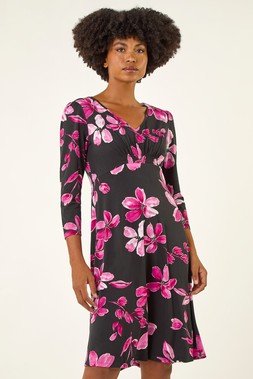 Roman Magenta Floral Print Gathered Stretch Midi Dress