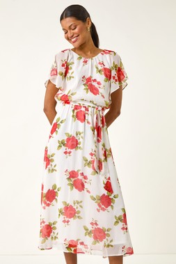 Roman Ivory Chiffon Floral Split Sleeve Midi Dress