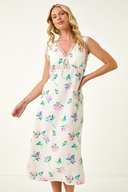 Roman Petite Floral Lace Trim Midi Dress