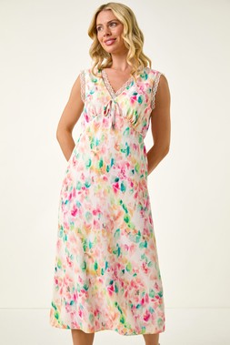 Roman Petite Print Lace Trim V-Neck Midi Dress