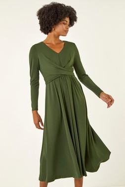 Forest Twist Front Stretch Midi Dress