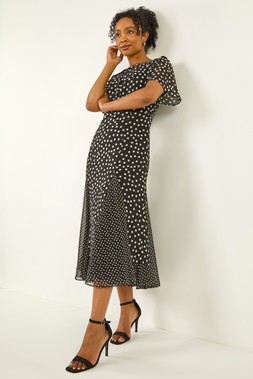 Roman Petite Black Spot Print Godet Hem Midi Dress