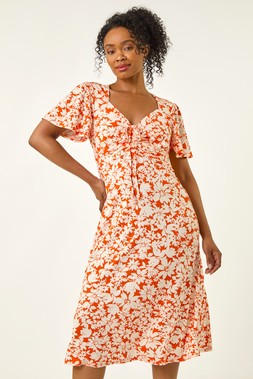 Roman Petite Orange Floral Ruched Midi Dress