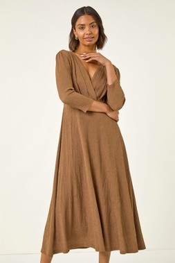 Roman Taupe Textured Wrap Midi Dress