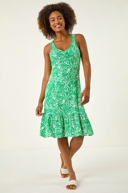 Roman Green Leaf Print Strappy Frill Dress