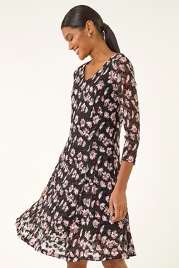 Roman Red Floral Print Lace Stretch Dress
