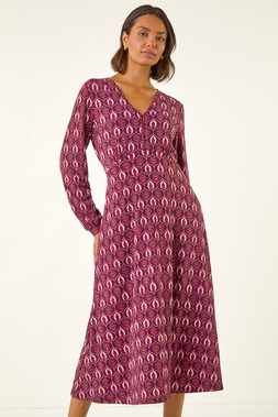 Roman Red Geo Print V-Neck Stretch Midi Dress