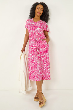 Roman Petite Pink Floral Print Pocket Midi Dress