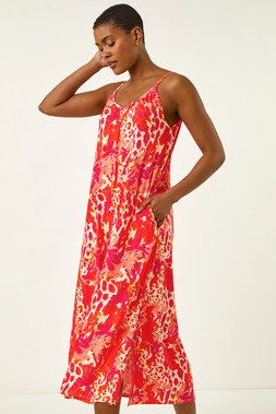 Roman Orange Abstract Print Swing Midi Stretch Dress