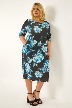 Roman Curve Blue Floral Print Pocket Dress