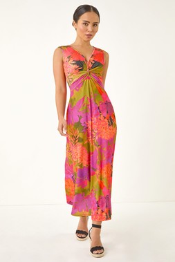 Roman Petite Orange Floral Twisted Stretch Maxi Dress