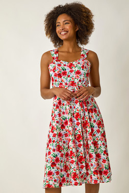 Roman Red Floral Tie Waist Sweetheart Dress