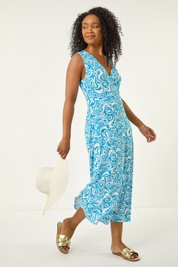 Roman Petite Turquoise Abstract Print Wrap Midi Dress