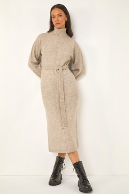 Roman Dusk Belted Knit Midi Dress
