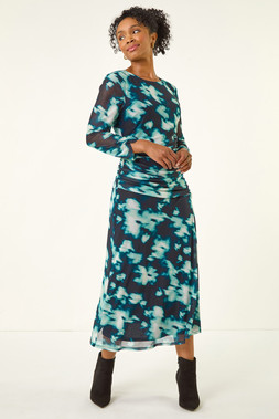 Roman Petite Teal Print Mesh Ruched Midi Dress