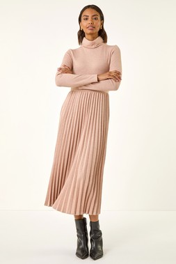 Light Pink High Neck Pleated Midi Dress