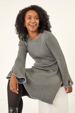 Roman Petite Grey Contrast Trim Knit Dress