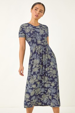 Roman Petite Navy Floral Print Midi Stretch Dress