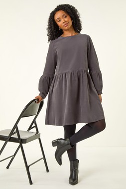 Roman Petite Charcoal Cord Cotton Mini Dress