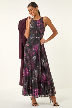 Roman Black Floral Pleated Halter Neck Maxi Dress