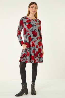 Roman Red Rose Print Stretch Swing Dress