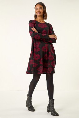 Black Floral Print Stretch Swing Dress