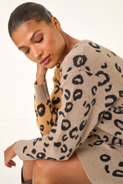 Roman Tan Animal Print Knitted Shift Dress