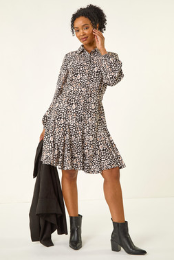 Roman Petite Black Animal Print Shirt Dress