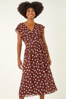 Roman Spot Print V-Neck Frill Midi Dress