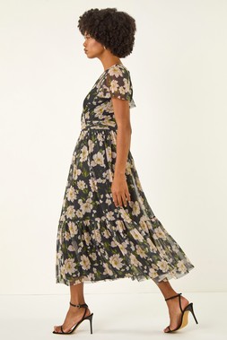Black Floral Print Mesh Midi Dress