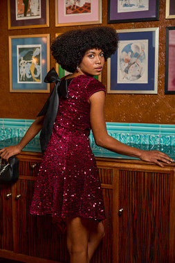 Roman Sequin Bow Back Flare Dress