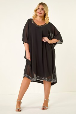 Black Curve Sequin Chiffon Overlay Dress