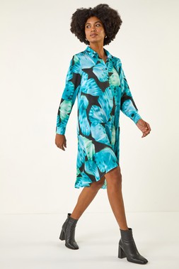 Blue Abstract Print High Low Shirt Dress