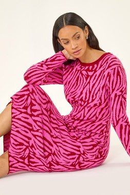 Roman Dusk Fuchsia Animal Print Knit Midi Dress