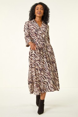 Roman Petite Chocolate Animal Print Midi Shirt Dress