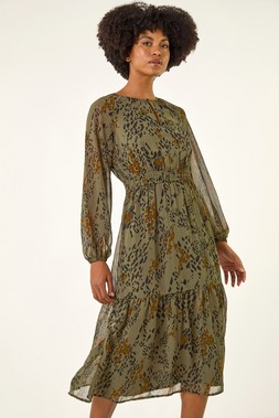 Roman Khaki Speckled Print Keyhole Midi Dress