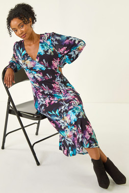 Roman Petite Navy Abstract Stretch Midi Dress
