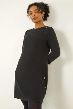 Roman Petite Black Buttoned Stretch Dress