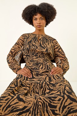 Roman Tan Zebra Print Keyhole Midi Dress