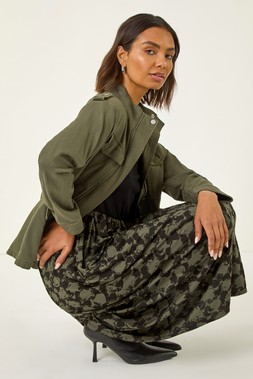 Roman Khaki Abstract Print Midi Stretch Dress