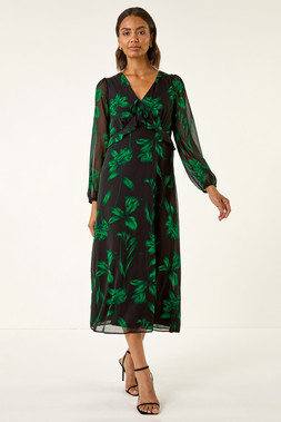 Green Floral Frill Chiffon Midi Dress