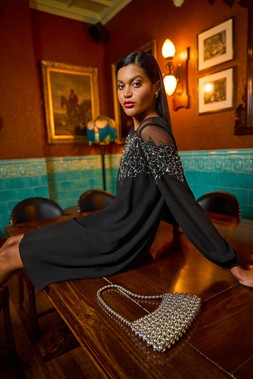 Roman Black Sequin Mesh Neck Sequin Dress