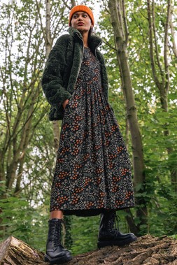 Roman Black Ditsy Floral Gathered Midi Dress